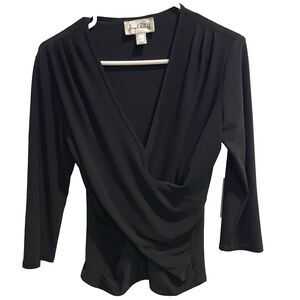 Joseph Ribkoff Black V-Neck Faux Wrap Blouse Long Sleeve Women US 8 Classic Y2K